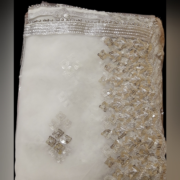 White net silver sequence dupatta/ veil/ scarf/ with cut work border - Picture 2 of 2